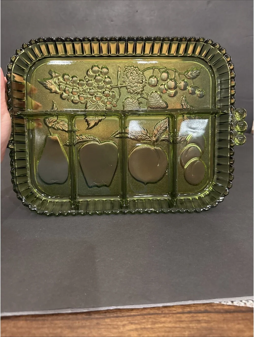 Vintage Indiana Glass Olive Green 5-Part Relish Tray In Original Box 12.5” X 9”